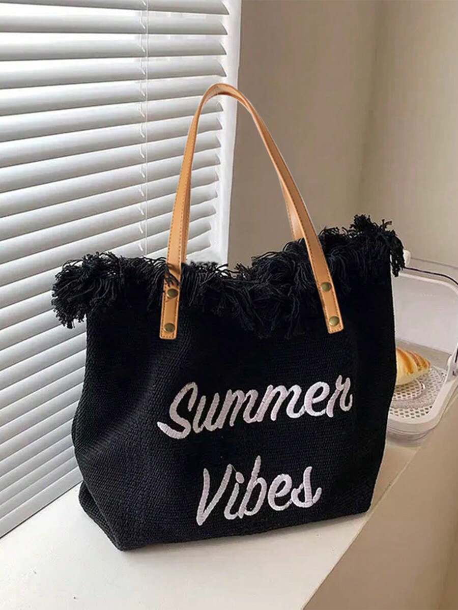 Fashionable Large Capacity Letter Tassel Canvas Tote Bag, Minimalist Commuter & Shopping Shoulder Bag