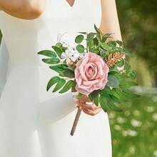 3件套象牙色新娘伴娘捧花，含胸花和襟花；10英寸白色香槟色人造玫瑰花束，适用于婚礼教堂装饰、仪式、周年纪念、情人节礼物 - 粉紅色A - 查看 13