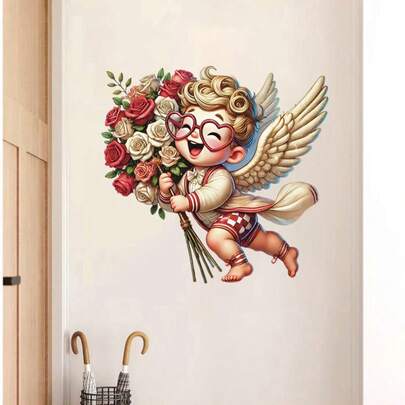 1 szt. Zdejmowana naklejka ścienna z PVC z uroczymi skrzydłami anioła trzymającymi różę, półbłyszcząca dekoracja ze skrzydłami anioła i bukietem, łatwa do nałożenia na płytki i ściany, odpowiednia do domu, scen ślubnych