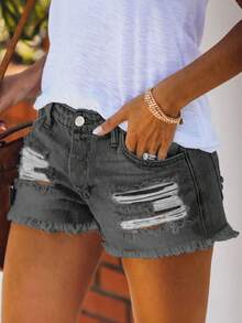 Shorts jeans femininos de cintura alta com efeito desgastado, modelo folgado para o verão com barra desfiada. - Cinza escuro - Ver 4