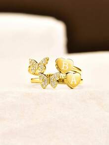 GAGAFEEL 1pc S925 Sterling Silver Cubic Zirconia Butterfly Heart Shaped Open Ring, Forever With You, Women's Birthday Party Gift - Gold - View 5