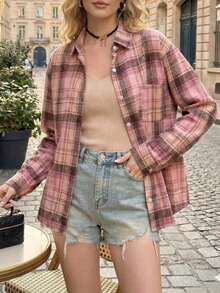 YUXIN Pink Plaid Women Long Sleeve Loose Casual Shirt Top With Pockets, Spring/Summer - Pink - View 4