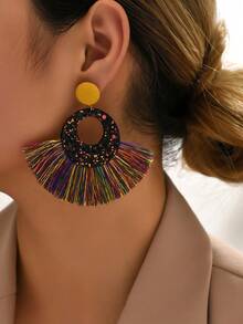 1对波西米亚风耳环，欧美时尚创意手工扇形流苏吊坠耳环，女士款 - 亮片流蘇耳環 - 查看 7