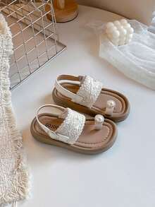 1 Pair Girls' Woven Pearl Thong Sandals, Soft Non-Slip Soles, Sweet Princess Style Children Sandals - Beige - View 2