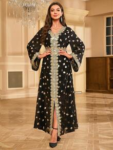 Gold Foil Leaf Patchwork Long Sleeve Dress - Black - View 3