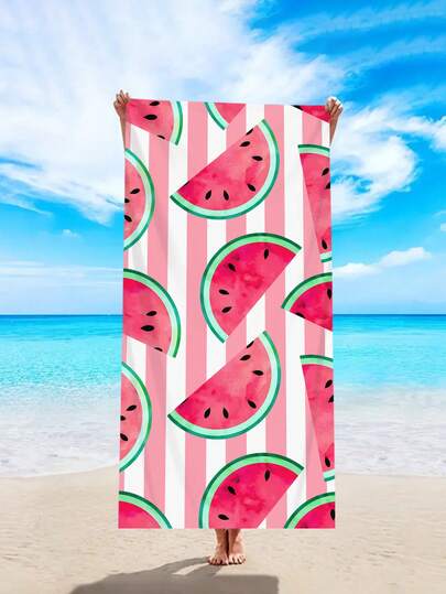 1pc Watermelon Patterned Pink Striped Beach Towel, Ultra-Fine Fiber Quick Drying Absorbent Large Beach Towel, Bath Towel, Fashionable Style Beach Towel, Bathroom, Swimming, Fitness, Yoga, Camping, Soft And Comfortable Ultra-Fine Fiber Towel, Lightweight And Portable, Windproof And Sun Protection, Summer Travel Sand Prevention, Vacation Bathroom Beach Decoration, Beach Vacation Essential Gift Shawl Beach Towel (Single-Sided Printing)