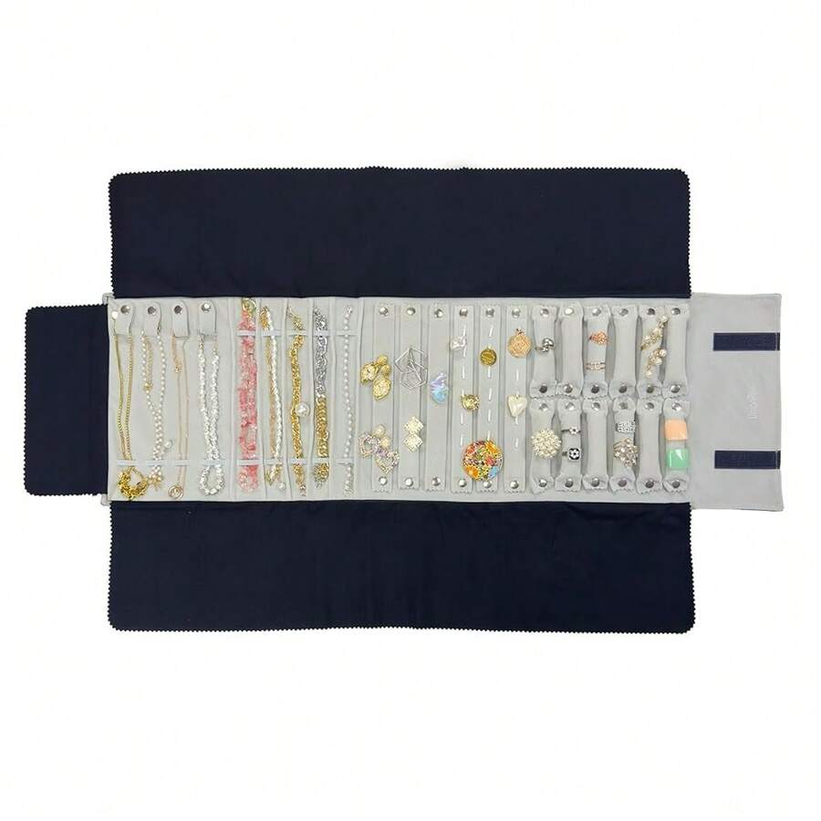UnionPlus Velvet Travel Jewelry Case Roll Bag For Necklaces Brackets Earrings Rings, Black - Black+GreyMulti - View 1