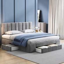 Upholstered Velvet Bed 160 X 200 Cm, Slatted Base, Headboard, 4 Drawers, Grey - Grey - View 3