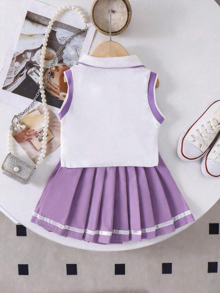 Set de 2 piezas de top sin mangas y falda plisada con bordado de corazón en el cuello, para niñas, para el verano - Morado - Añade 3