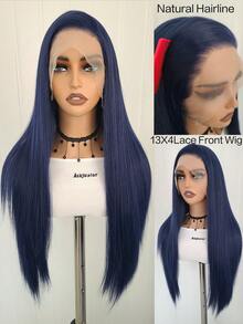 websterwigs Peluca sintética larga y recta con encaje frontal en azul marino, línea del cabello previamente desbastada, fibra resistente al calor, adecuada para cosplay y uso diario - Azul - Ver 17
