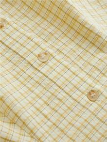 Women Short Sleeve Plaid Button Up Shirt Y2K Button Down Collared Blouse Summer Vintage Slim Fit Gingham Top - Yellow - View 7