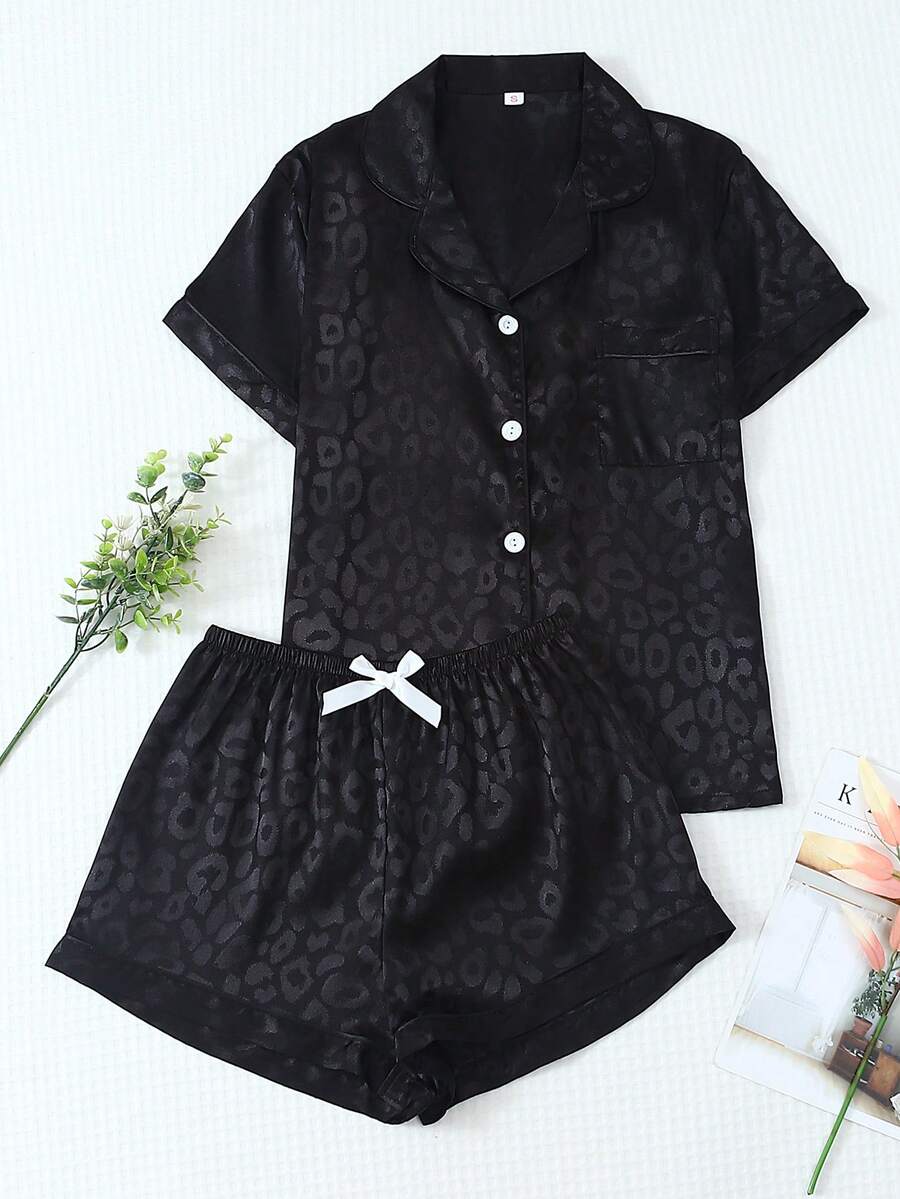 [Elegant Fields]2pcs Satin Pajama Set, Silver White Leopard Print Short Sleeve Collared Top And Bow Shorts, Women Sleepwear Loungewear - Black - View 1