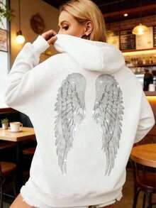 Women's Oversized Wings Print Hoodie - Black Y2K Back Graphic Pullover, Fall Winter Streetwear Long Sleeve Hooded Top, Loose Fit Casual Daily Wear, Retro Aesthetic Statement Pattern Hooded Sweatshirt Adults, Comfy Oversized Silhouette2026Unisex Casual-Shirts - trắng - Xem 3