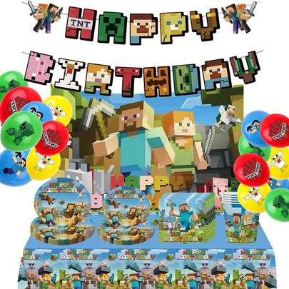 像素矿物世界主题生日派对一次性餐具装饰套装，包括桌布、纸杯、纸盘和餐具，适合家庭聚会、生日派对、节日庆典及各种场合，营造节日氛围。