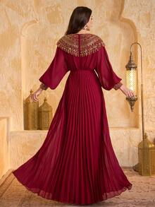 SUPGIR Women's Round-Neck Lantern Sleeve Sequin Patchwork Chiffon Ruched Design Temperament Elegant Slim-Fitting Evening Dress - Burgundy - View 2