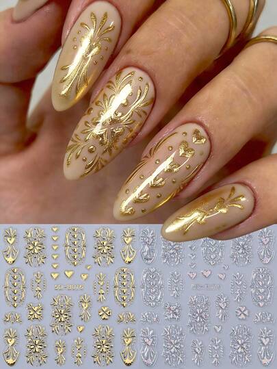 2pcs Bronzing Gold Laser Heart 5 Embossed Bohemia Nail Art Stickers Golden Holographic Laser Totem French Nail Tip Relief Self Adhesive Nail Decals Metallic Manicure Decoration Accessories For Salon DIY Nail Art