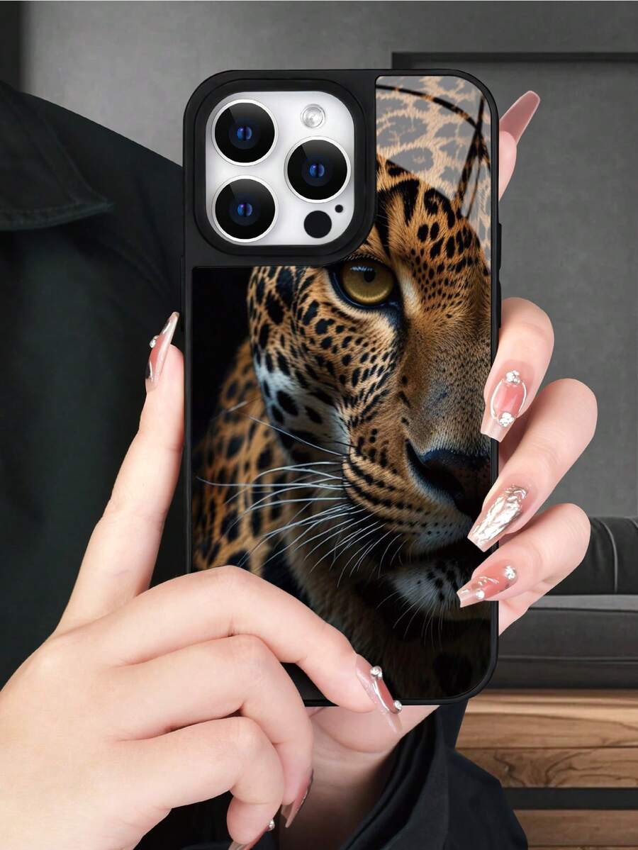 A Leopard Close-Up With Spotted Pattern Large-Hole Glass-Textured Phone Case, Compatible With IPhone 11/12/13/14/15/16/17/Pro/Pro Max/Plus/Air, Galaxy S22/S23/S24/S25/Plus/Ultra. Features A Skin-Friendly Feel, Made Of PC + TPU + Glass Materials, Minimalist And Stylish, Suitable For Both Men And Women. - Black - View 1