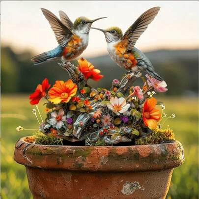 A Pair Of Vibrant Hummingbird Garden Decorative Planters, Perfect For Potted Plants And Garden Courtyard PET Outdoor Decor, Ideal Anniversary Gift, Bohemian Style Garden Accessories, Wreath Decor, Tabletop Decor, Bonsai Decoration