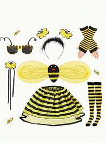 Carnival Bee Themed Party Costume Props Set, Includes Bee Socks, Arm Sleeves, Skirt, Headband, Glasses, Wand, Wings, Made Of Polyester Fiber - Yellow - View 6