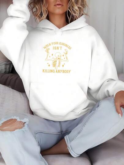 Kindness Killing Skeleton Graphic Print Hoodie | Women's Casual Hooded Sweatshirt, With Drawstring Hood And Kangaroo Pocket, Simple And Elegant Casual Loose-Fitting Pullover, Autumn Jacket And Sweatshirt, Suitable For Various Scenarios.(Regular Fit)
