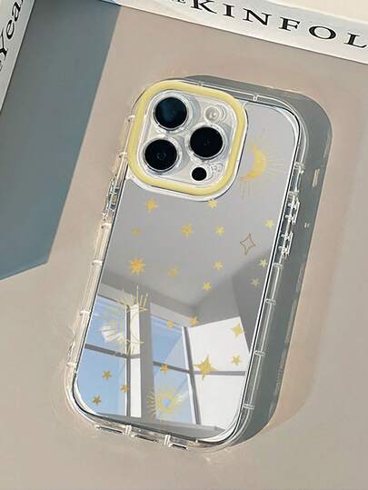 1pc Shiny Gold Sun, Moon & Star Mirror Phone Case, Dual-Use As Makeup Mirror, Raised Lens Ring, 1.5mm Thick PC Hard Shell, Compatible With IPhone 17/17 Pro/ AIR/17 Pro Max/ 16/16 Pro/16 Plus/16 Pro Max/15/11/12/13/14/16E/15 Pro/14 Pro/13 Pro/12 Pro/11 Pro/15 Pro Max/14 Pro Max/13 Pro Max/12 Pro Max/11 Pro Max