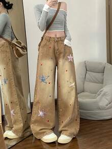 星形贴花宽松直筒牛仔裤，女士款，百搭显瘦 - 摩卡棕 - 查看 6