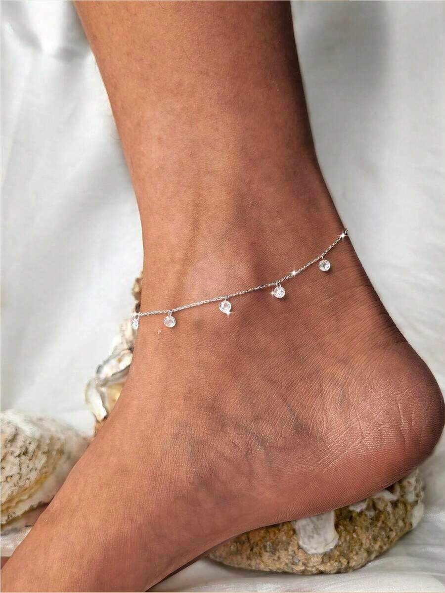 1pc S925 Sterling Silver Dainty Zirconia Inlaid Anklet, Minimalist Mori Style Versatile Luxurious Fashion Foot Jewelry, Holiday Gift - Diamond - View 1