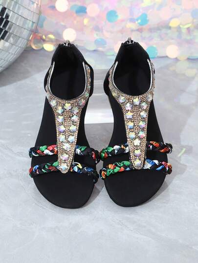 1 Pair Girls' Summer Flat Sandals, Gradient Star Design, Versatile Black, Rhinestone, Colorful Woven Strap, Back Zipper, Open Toe, Children Beach Shoes, Suitable For Travel, Matching Outfits