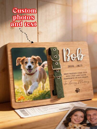 Customized Pet Memorial Tag With Photo And Collar Clip - S/M/L/XL Size (15-35cm/5.9-13.7 Inches), Customizable Pet Name (E.G. Bob, Pepper), Life Years (2018-, 2018-2024) And Engraved Quote ("The Best Friend Enters Our Life..."). Wooden Background With Photo Slot And Collar Clip.