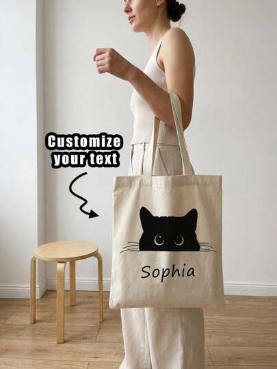 1pc Customized Canvas Bag, Unique Design (Photo, Landscape, Illustration), Foldable, Large Capacity, Lightweight, Stylish, Personalized Tote Bag, Shoulder Bag, Casual Shopping Bag Shop Back To School
