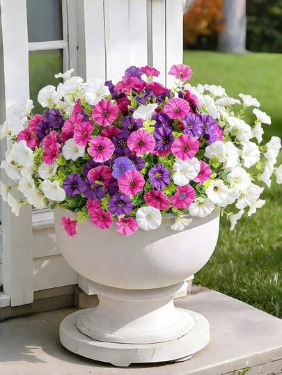 3 Stücke künstliche Prunkwinden Blumen, UV-beständige Kunststoff Pflanzen, seidenähnliche farbige Prunkwinden Blumen in Lila, Lila-Rot, Weiß, geeignet für Innen- und Außendekoration, Garten, Balkon, Fenstersims