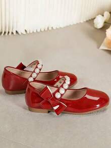 1 Pair Cute Red Mary Jane Flats For Girls, Decorated With Pearls And Bows, Round Toe Design, Suitable For Spring, Summer, Autumn, Winter, Daily Wear, School, Parties And More, Showcasing Charming Style. - Red - View 3