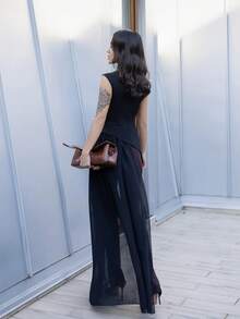 Áo tank top mùa hè cho nữ, thiết kế vạt không đối xứng, áo choàng voan phối ren, khóa kéo phía sau, áo mùa hè, áo dự tiệc, áo kiểu thường ngày cho nữ, trang phục đi nghỉ mát, trang phục công sở cho nữ, màu đen. - màu đen - Xem 6