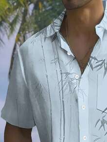 Hawaiian Bamboo Leaf Print Men's Button-Down Lightweight Loose Pocket Short Sleeve Shirt - Baby Blue - View 4