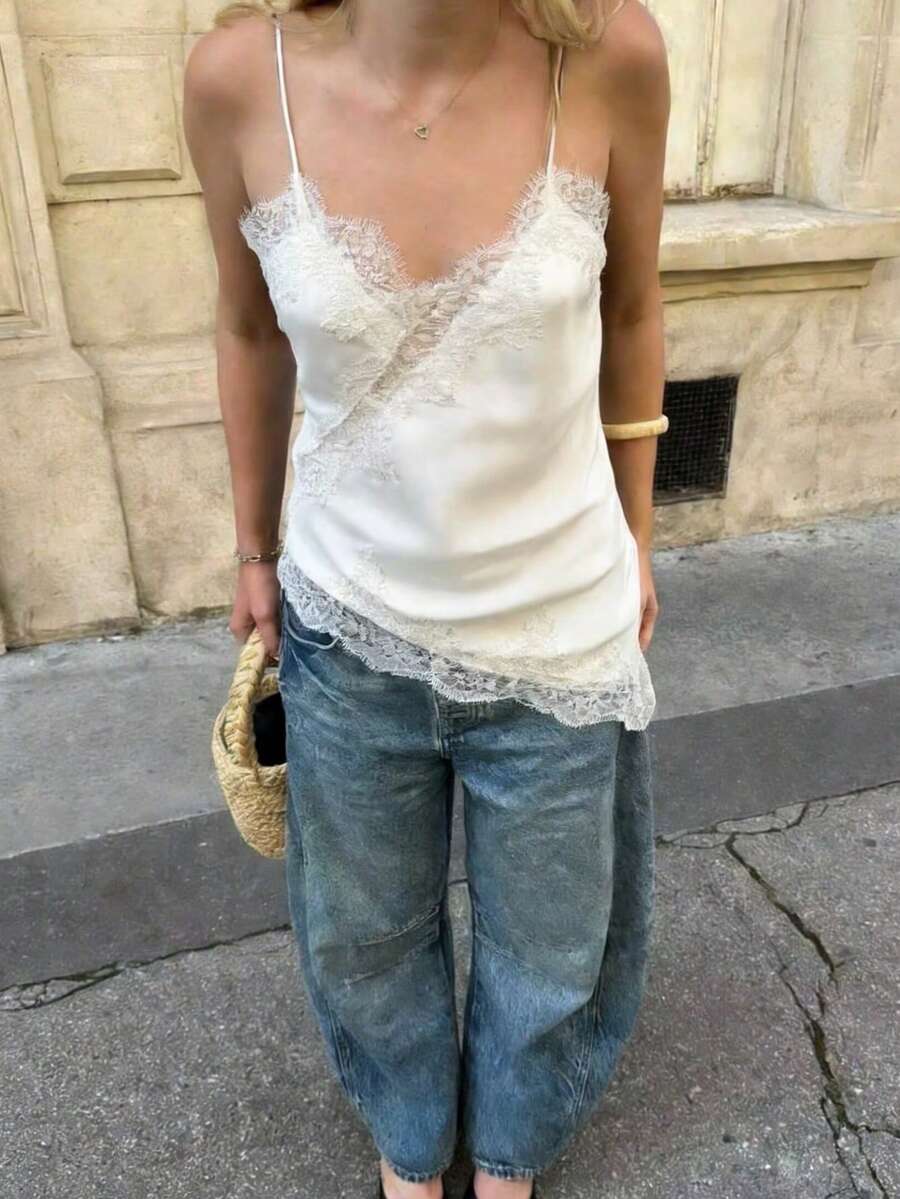 Áo hai dây ren LEILEIBEI dành cho nữ, kiểu dáng châu Âu và Mỹ, hàng mới về mùa xuân/hè. - Màu be - Xem 1