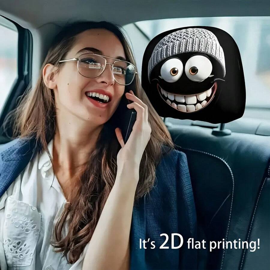 2pcs Car Headrest Covers, Cartoon Smiling Face Print, No Filling, Easy Installation, Unisex Car Interior Decor, Suitable For All Seasons, Great Gift For Friends
