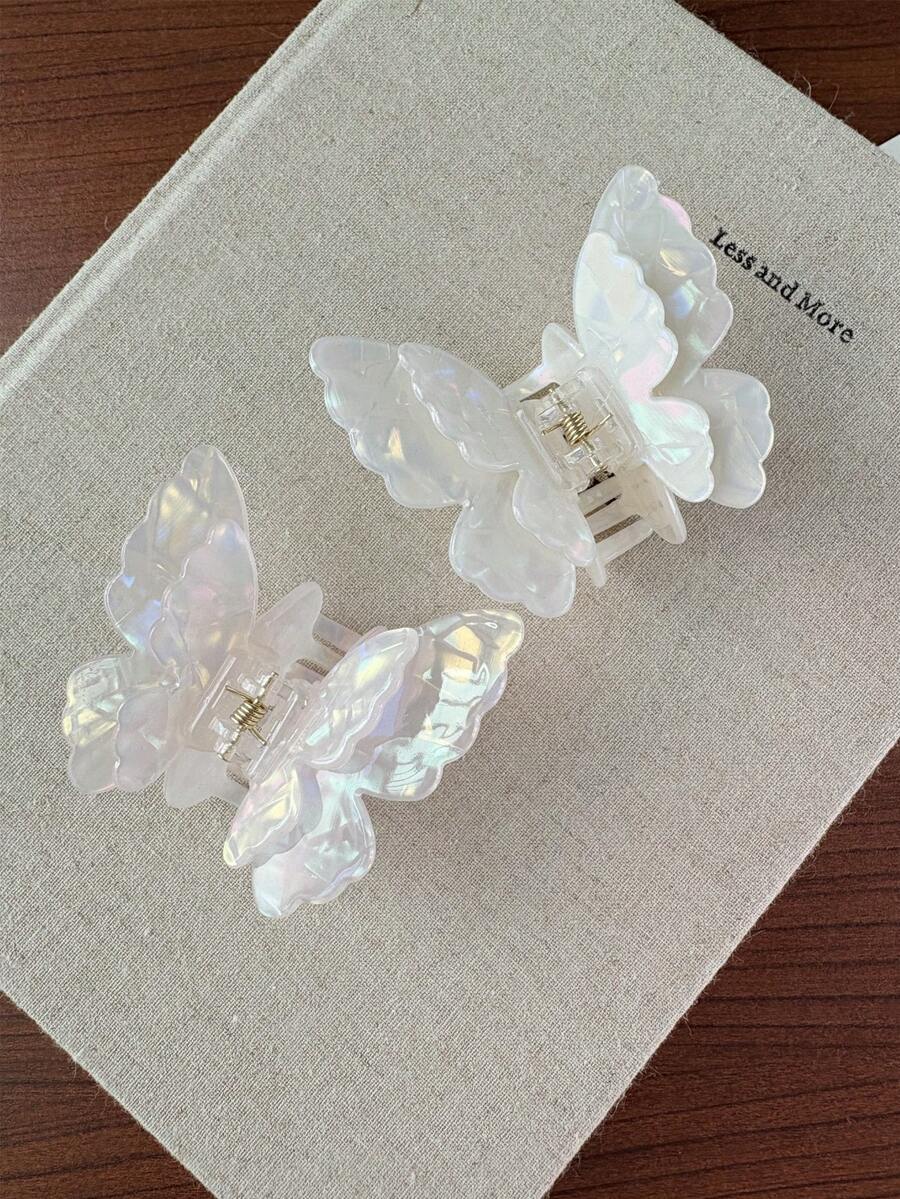 1个女士蝴蝶发夹，可爱浪漫宫廷风派对优雅亚克力发爪，双层翅膀温柔优雅复古街头风 - 彩色 - 查看 1