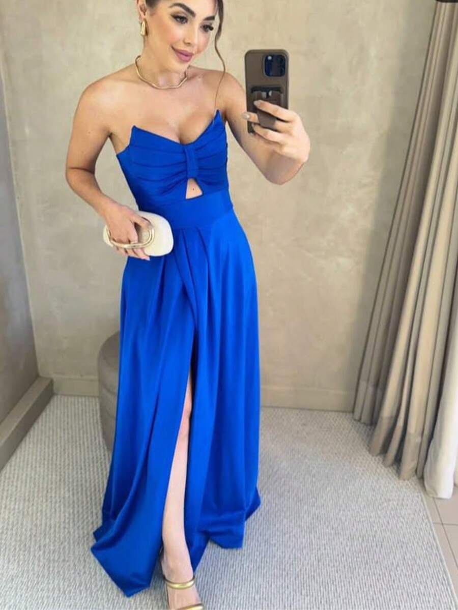 Women's Long Butterfly Dress, Strapless, Trilobal Fabric With Built-In Bra Cups | Party, Bridesmaid, Wedding, Graduation, Debutante | Adjustable Back, Sexy And Elegant, Party, Cutout/Cut, Asymmetrical Knot, Formal And Evening - 寶藍色 - 查看 1