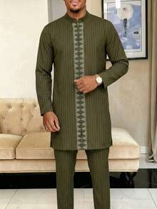 2pcs Men's Wedding Suit Set, Waist Cinched Pants, Striped Long Sleeve Shirt, African Formal Attire - Olive Green - View 1