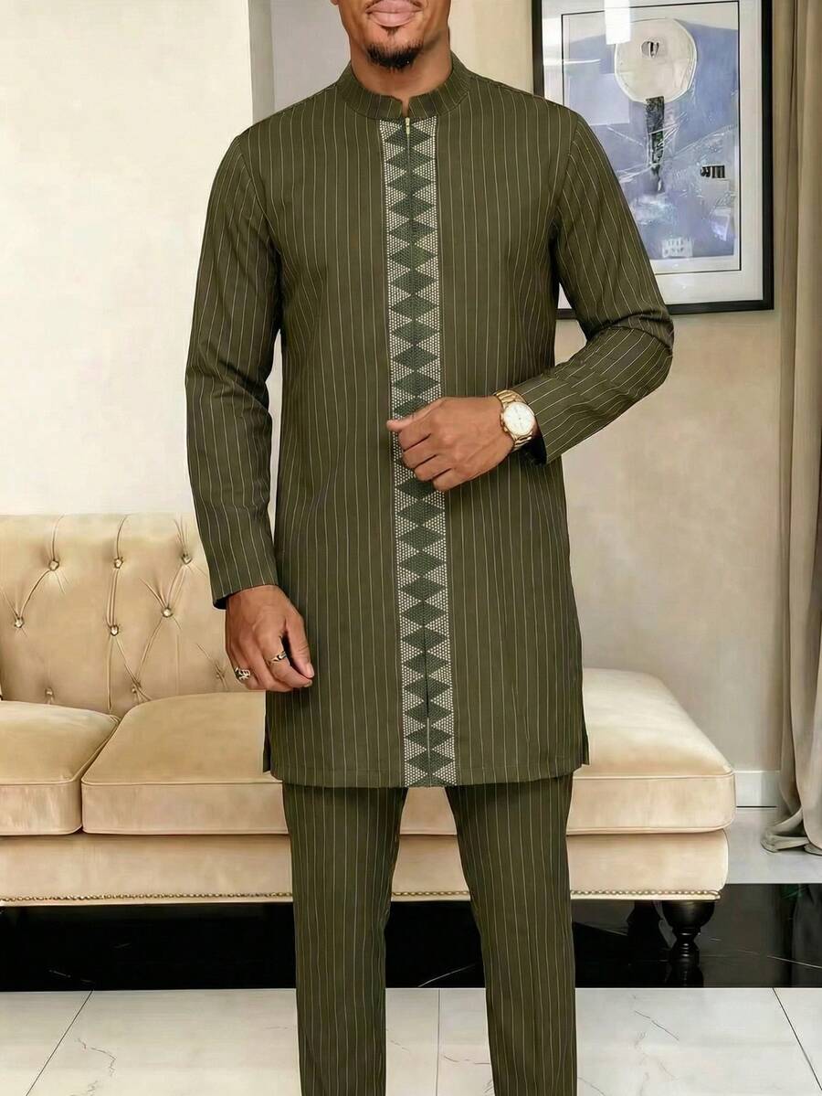 2pcs Men's Wedding Suit Set, Waist Cinched Pants, Striped Long Sleeve Shirt, African Formal Attire - Olive Green - View 1