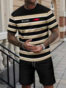 Men's Fashion Contrast Color Striped Print Round Neck Short Sleeve Shorts Set, Sporty & Versatile Summer - Multicolor - View 1
