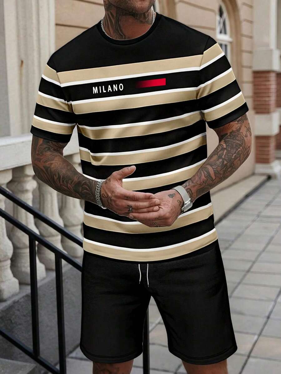 Men's Fashion Contrast Color Striped Print Round Neck Short Sleeve Shorts Set, Sporty & Versatile Summer - Multicolor - View 1