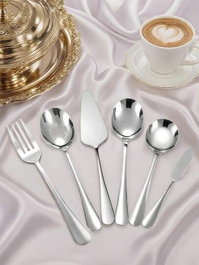 6pcs Stainless Steel Cutlery Set, Suitable For Buffet And Party, Includes Salad Spoon, Fork, Soup Spoon, Strainer Spoon, Butter Knife And Cake Server, Kitchen Utensils, Christmas Gift, School Supplies