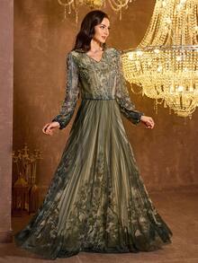 Vestido de noche elegante de manga larga con cuello en V y ajuste ceñido con malla para mujer [Estampado aleatorio] UNITHORSE - Verde Oscuro - Ver 7