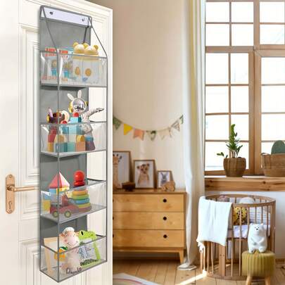 A storage cabinet with 4 baskets / A wall-mounted storage cabinet installed on the door, decorated with grape patterns, featuring a PVC material hanging design, equipped with 2 hooks, is very suitable for use as a door decoration, for organizing books, toys, clothes, shelves and wardrobes, and is suitable for multi-layer storage bags/toy storage boxes for families. It can be installed on the wall in PVC + non-woven material storage cabinet, suitable for bedrooms, equipped with metal hooks for easy hanging. It is also a gift choice for Valentine's Day, weddings or birthdays (gray)