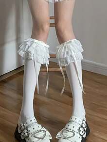 奢华性感白色多层蕾丝蝴蝶结过膝长袜，经典款式 - 彩色 - 查看 4