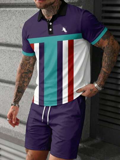 Men's Knight Print Color Block Polo Shirt With Drawstring Waist And Drawstring Waist Shorts Casual Daily Outfit