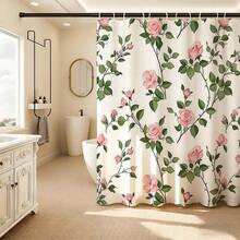 Pink Rose Vine Print Waterproof Mildew-Proof No-Drill Shower Curtain, Cozy & Romantic For Women's Bedroom And Bathroom - Pink and White - View 9