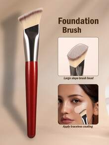 1pc Foundation Brush Broom Powder & Shadow Brush Liquid/Cream & Blush Mix Angled Professional Makeup Brush Makeup Tools, - Burgundy - View 1