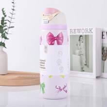 24oz /32oz Stainless Steel Insulated Water Bottle With Straw, Portable Coffee Mug Suitable For Hot & Cold Drinks, Fitness And Cycling Water Bottle, Leak-Proof Lid Travel Cup For Camping, Hiking, Driving, Outdoor Activities - 粉蝴蝶結 - 查看 2
